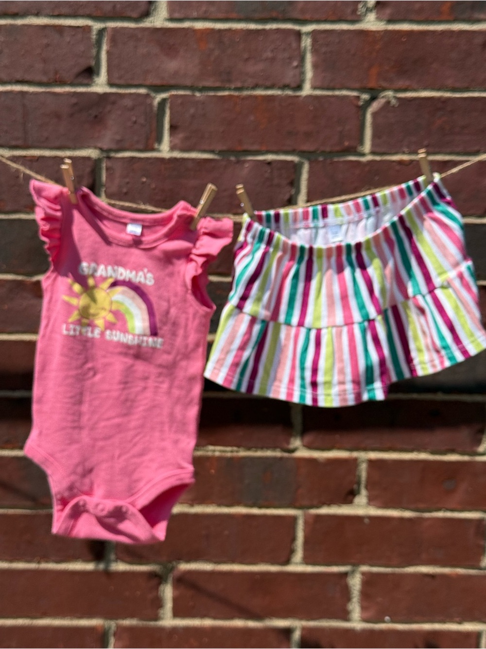 okie dokie Pink Graphic Onesie with Multicolor Striped Skirt